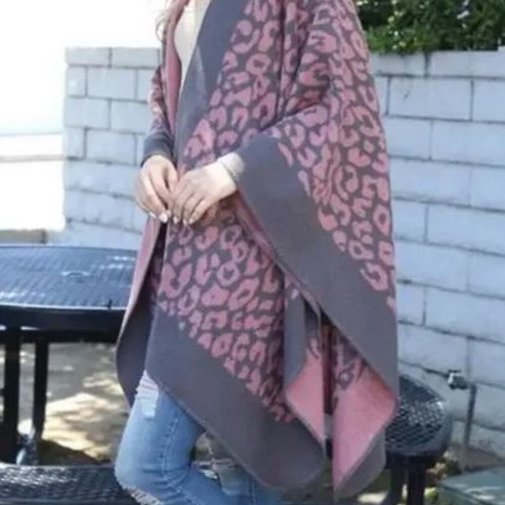 Chic Pink Cheetah Print Wrap Shawl – Cozy Fall Layer, Boho Blanket Cape